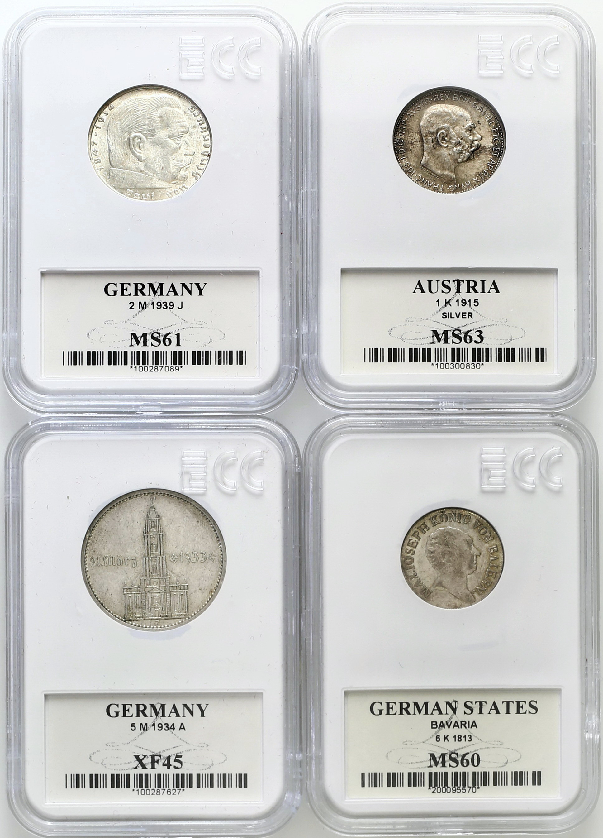 Niemcy, Austria. 6 krajcarów – 5 marek 1813 – 1939 GCN 45 – 63, zestaw 4 sztuk.